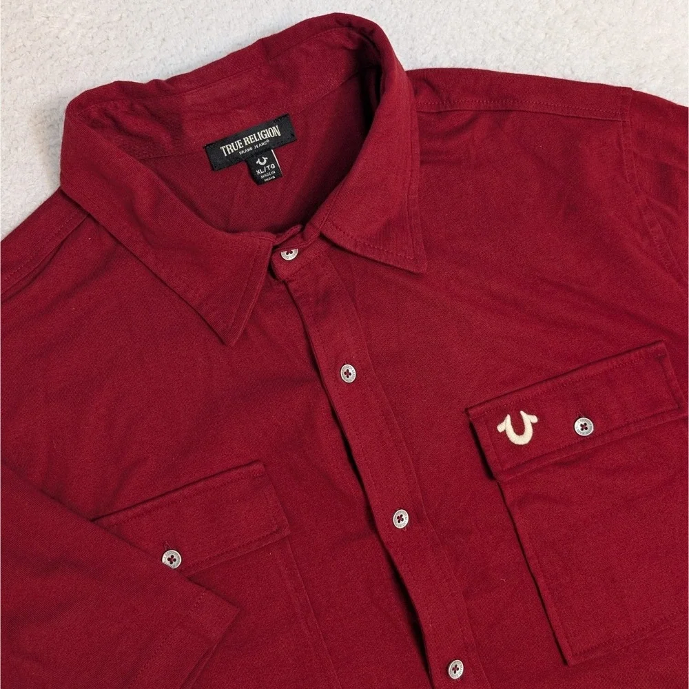 True‎ Religion Men's XL Triple Needle Knit Button Up Shirt Red S/S Double Pocket